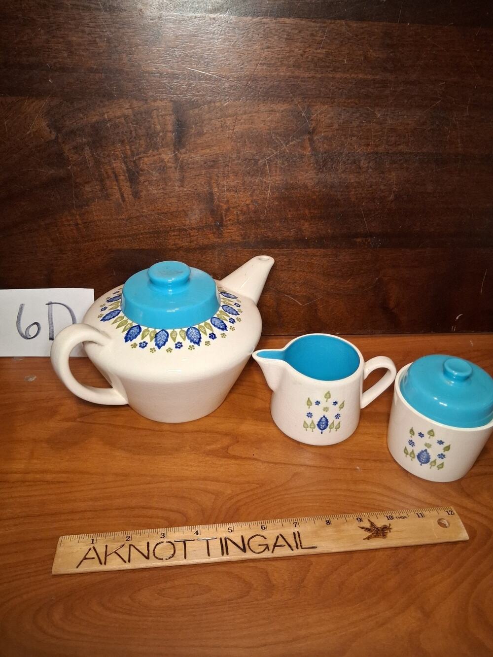 6D MCM Blue And Green Nature Theme Teapot Creamer Sugar